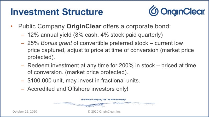 How Originclear's corporate bond offering is structured
