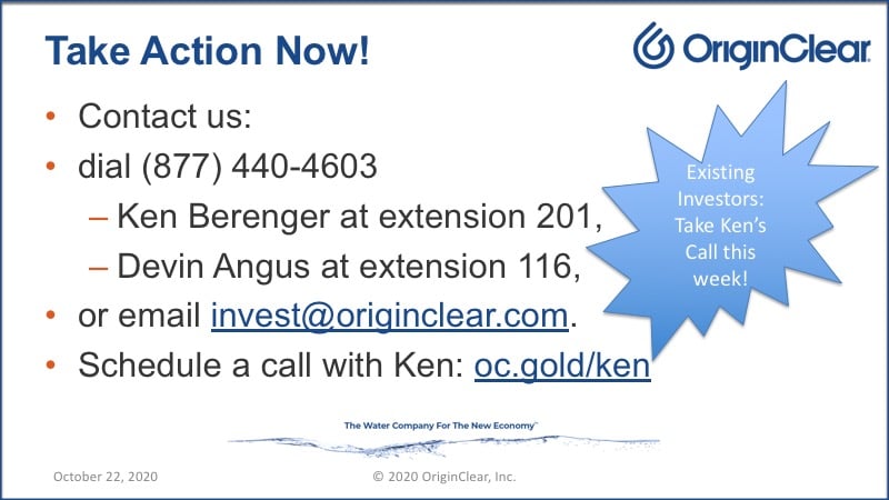 Contact information for OriginClear Investing department
