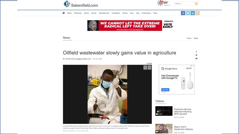 Article on OriginClear's technology cleaning produced water in Kern County